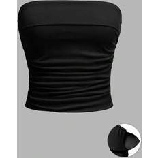 Polyester Tank Tops Shein Teen Girl Minimalist Comfortable Ruched Hem Black Tube Strapless Bandeau Top