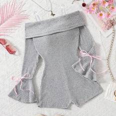 Girls - Grey Jumpsuits Shein Tween Girl Bell Sleeve Bow Decor Fitted Jumpsuit - Grey
