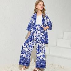 Florals Other Sets Children's Clothing Shein Tween Girl Floral Print Kimono & Pants