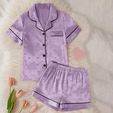 Purple Pyjamases Children's Clothing Shein Girls Plus Big Size Satin Heart Pattern Snap Front Short Sleeve Shorts Sleepwear Set