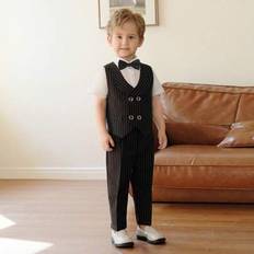 Black Suits Shein Boys Formal Attire Striped Double-Breasted Vest - Black