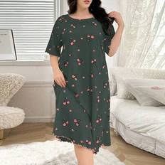 Shein Plus Size Cherry Print Round Neck Short Sleeve - Nightgown