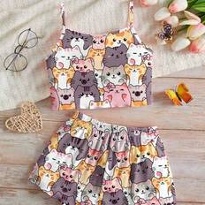 Multicoloured Pyjamases Shein Tween Girls Cartoon Cat Print Casual Slim Fit Camisole Top & Shorts Pajama Set - Summer