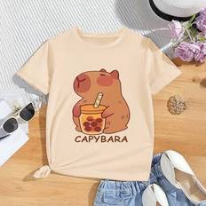 Children's Clothing Shein Casual Chic Comfortable Simple Capybara Drink Milk Tea Cute Print Short Sleeve T-Shirt - Spring/Summer