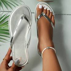 Silver Flip-Flops Shein Women Silver Faux Leather Flat Sandals - Silver