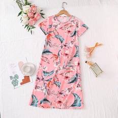 Polyester Pyjamases Shein Tween Girls Loose Elegant Maxi Sleep Dress Sleepwear Set - Pink