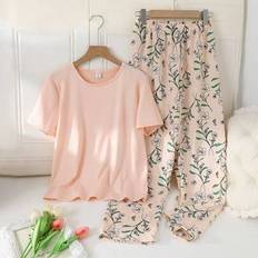 Children's Clothing Shein Green Floral Print Casual Comfortable Round Neck Short Sleeve Top And Pants - Green