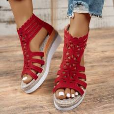Red Sandals Shein Casual Vacation Style Women's Straw Woven Platform Roman Sandals - With Red Back Zipper