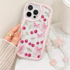Shein Cream Wavy Glossy Bowknot Cherry Painted Case for Apple/Samsung/Redmi/Xiaomi Multicolour
