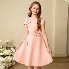 Children's Clothing Shein Girls Round Neck Short Sleeve Cinched Waist Applique Flower - Elegant