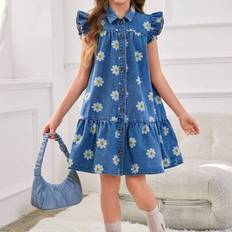 Children's Clothing Shein Tween Girls Y2K Distressed Loose Cute Puff Sleeve Ruffle Hem A-Line Denim Dress - Everyday Wear