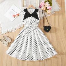 Children's Clothing Shein Girls Summer Elegant Polka Dot Print Contrast Color Butterfly Collar Casual Dress - Daily Wear