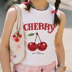 Children's Clothing Shein Cute Retro Cherry Print Young Girl Casual Minimalist Cartoon Pattern Sleeveless Round Neck Tank Top - Summer