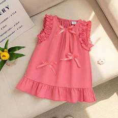 Children's Clothing Shein Baby Girl Cute Vacation Style Watermelon Color Ruffle Trim Bowknot Sleeveless Dress - Summer