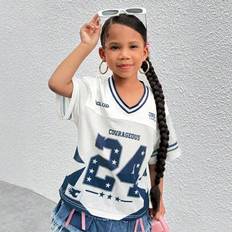 Children's Clothing Shein Young Girl Woven Letter & Numeric Pattern V-Neck Loose Casual T-Shirt