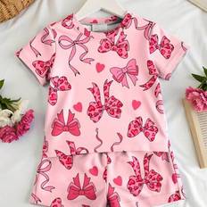 Polyester Pyjamases Shein Young Girl Bow Pattern Casual Minimalist Snug-Fit Round Neck Short Sleeve Shorts Pajamas - Suitable For All Seasons