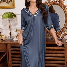 S Nightgowns Shein Elegant Loose Leaf Pattern V-Neck - Nightgown
