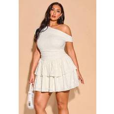 Shein Plus Size Women White Elegant Soft Asymmetric Collar Short Double-Layer Hem Casual Dress - White