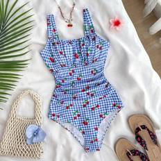 Shein Teen Girls Blue Sweet Plaid Cherry Print One-Piece Swimsuit - Blue