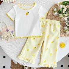 Shein Girls Fashionable Lemon Embroidery Gingham Set - Ruffled Hem