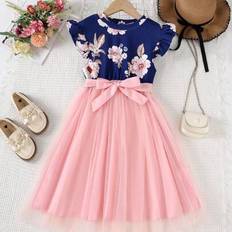 Children's Clothing Shein Floral Print Ruffle Trim Mesh Hem Dress