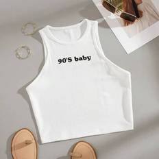 4XL Tank Tops Shein Plus Size Women Letter Print Crew Neck Slim Fit Casual Tank Top - Summer