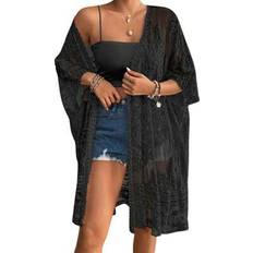 Elastane/Lycra/Spandex Swimsuit Cover-Ups & Sarong Wraps Shein Women's Lace Bikini Cover-Up 3/4 Sleeves Open Front Sheer Mesh Crochet Kimono Cardigan