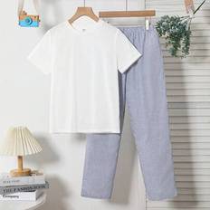 Children's Clothing Shein Minimalist Solid Color Round Neck Short Sleeve T-Shirt And Striped Loose Pajama Pants - Casual