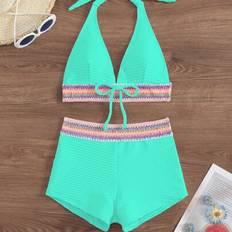 Elastane/Lycra/Spandex Bikini Sets Shein Lace-Up Twist Strapless Backless Crop Top And Shorts - Spring/Summer Green