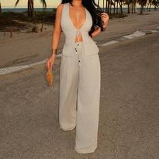 Linen Suits Shein BOHO Simple Solid Color Linen Halter Tie Up Front Beaded Suit - 2pcs