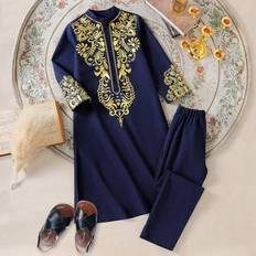 Gold Other Sets Shein Tween Boy Traditional Luxury Noble Retro Style Gold Foil Long Sleeve Shirt And Pant
