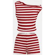 Red Other Sets Children's Clothing Shein Tween Girls Casual Asymmetric Striped Texture Shoulder T-Shirt And Shorts Set - Red