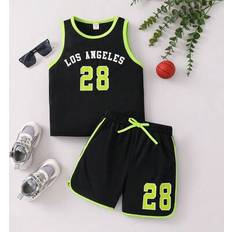 Black Other Sets Shein Young Boy Letter Print Trim Crew Neck Vest And Shorts Set