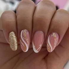 White False Nails Shein Beautify And Add Glamour To Yourself - Pink Gold/White Almond