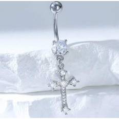 Piercings Shein Stylish Silver-Plated Cross Zirconia Navel Ring - Silver