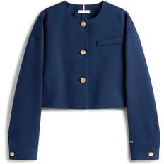 Tommy Hilfiger Dam Kavajer Tommy Hilfiger Gold-Tone Button Collarless Cropped Blazer - Dark Blue