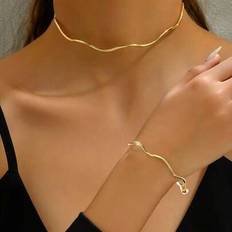 Unisex Jewellery Sets Shein Gold Minimalist Wavy Necklace & Bracelet Set - Unisex