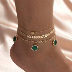 Shein 3pcs Set Of Women's Summer Vacation Beach Style Bead Chain Clover Heart Pendant Anklet