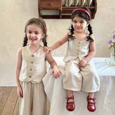 L Other Sets Children's Clothing Shein Baby Girl Set Woven Solid Square Neck Top Loose Casual Long Pants - Spring/Summer
