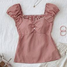 Polyester Blouses & Tunics Children's Clothing Shein Retro Plaid Ruffle Trim A-Line Top - Burgundy