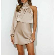 Shein Women One Shoulder Irregular Elegant Satin Silk Mini Dress - Wedding Guest