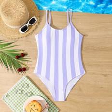 Shein Tween Girl Striped Bubble Mesh Adjustable Strap One-Piece Swimsuit - Holiday