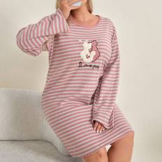 Stripes Nightgowns Shein Women Cotton Plus Size Contrast Colour Striped Cute Cat Embroidery Detail Nightdress
