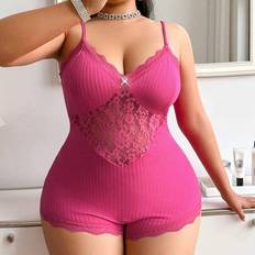 Shein Plus Size Sexy Lace Patchwork Knitted Jacquard Skinny Sheer Camisole Jumpsuit - Sleepwear