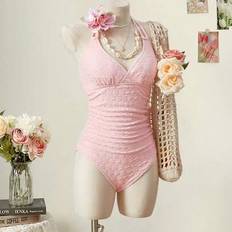 Shein Halter Neck Drawstring Waist Ruched Knitted Jacquard Swimsuit - Pink