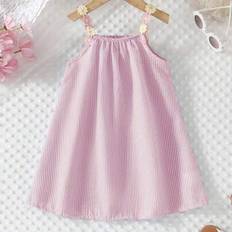 Polyester Dresses Children's Clothing Shein Young Girl's Floral Strap Casual Loose A-Line Striped Dress - Summer