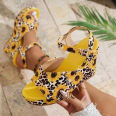 Shein Peep-Toe Platform Wedge Heeled Sandals - Yellow Floral Print