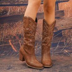 Shein Women's Western Cowgirl Boots - Pointed Toe Embroidery Thick Heel Mid-Calf Fashion