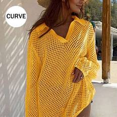 Elastane/Lycra/Spandex Swimsuit Cover-Ups & Sarong Wraps Shein Plus Size Solid Knit Beachdress - Summer Sexy Hollow Out