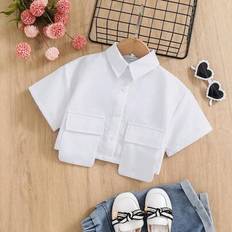 Buttons Shirts Shein Young Girl Solid Color Woven Crop Shirt With Dual Pockets - Casual